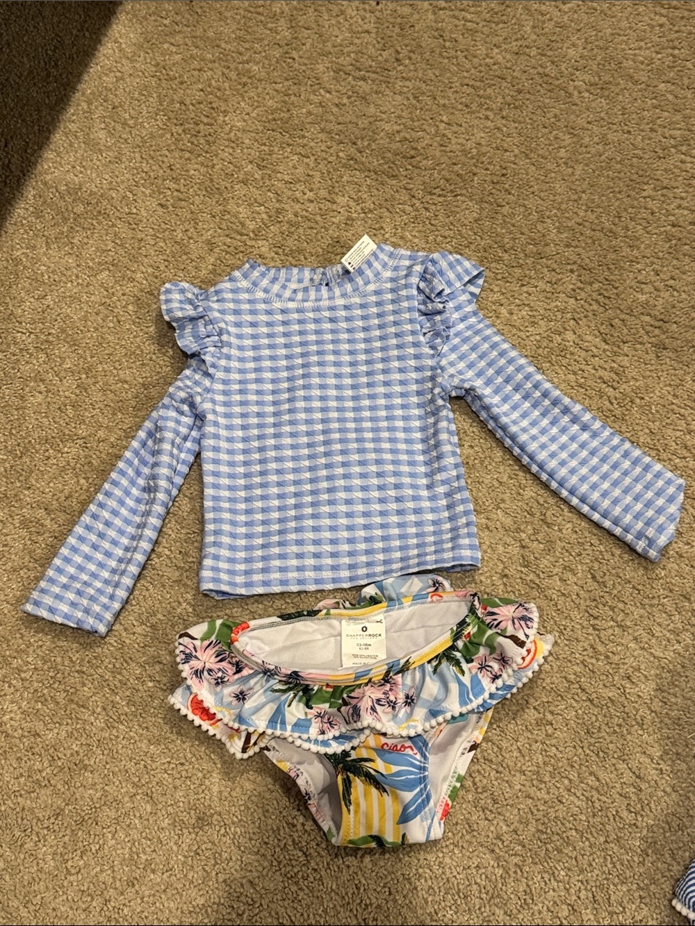 Snapper Rock Blue  Gingham Ruffle Long Sleeve Top and Floral Bikini Bottoms